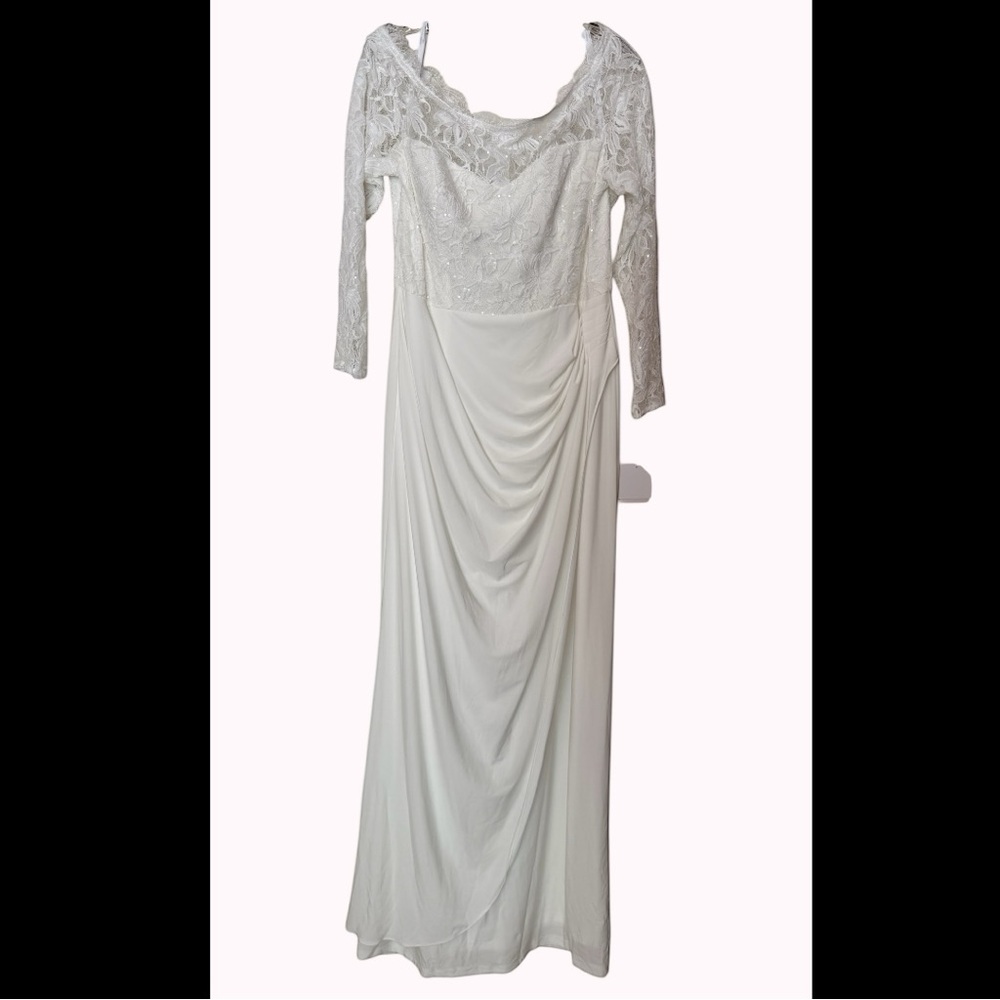 White Long Sleeve Lace Bodice Draped Evening Gown